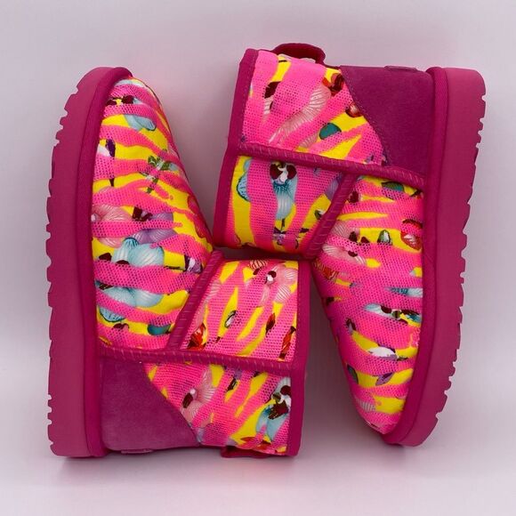 Ugg Women’s Classic Mini Tiger Flower Boots Pink/Yellow  |  Size: 6 - Picture 8 of 14